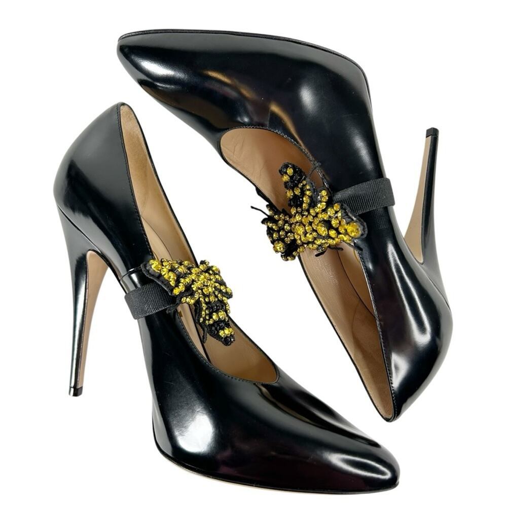 GUCCI Elaisa Polished Calfskin Crystal Bee Stiletto Pumps - Picture 7 of 15
